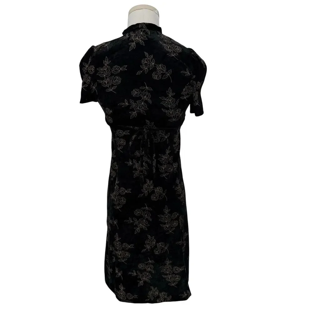 VTG 90s Y2K Velvet Mini Dress Rose Embroidered Tie Back Whimsigoth Goth Grunge - Picture 4 of 6